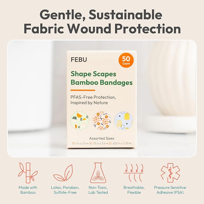 FEBU Shape Scapes Print Bamboo Fabric Bandages, 50 Count Strips | PFAS Free, Flexible Fabric, Natural Hypoallergenic for Scraps, Cuts and First Aid, Compostable, Latex Free