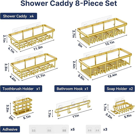 8 Pack Adhesive Rustproof Shower Caddy with Soap Dishes, Toothbrush Holder & Hooks, Large Capacity No-Drilling Shower Shelves Rack for Bathroom Organizers and Storage Accessories, Gold