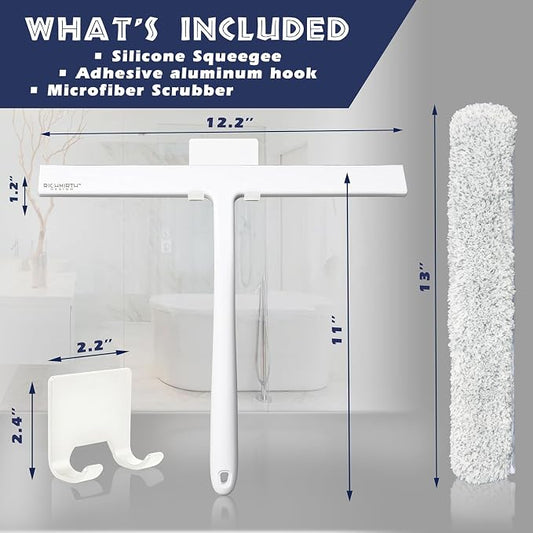 12 Inch Silicone Shower Squeegee for Glass Doors with Microfiber Cloth & Hook, Streak-Free Window Cleaner for Bathroom Mirror Tile Car, No-Scratch Squeegee with Rustproof Metal Core (White)