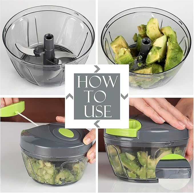 Manual Food Processor - Pull String Hand Chopper for Kitchen - Handheld Vegetable & Salad Cutter - Portable Garlic Mincer & Onion Dicer - Compact BPA-Free Stainless Steel Veggie Slicer - 500ml