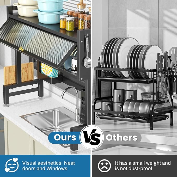 Over the Sink Dish Drying Rack – 3 Tier with Cover, Space-Saving Dish Drainer Organizer for Dishes, Glasses, Bowls & Cutlery, Tidy Kitchen Counter Storage Solution
