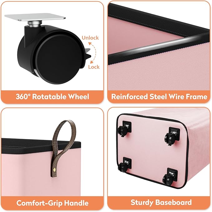 SpaceTrove Rolling Laundry Basket with Wheels, Laundry Hamper, 100L, Pink | Collapsible, 4 detachable wheels including 2 with brakes, sturdy handle, metal frame, for dorms, bathrooms and bedrooms