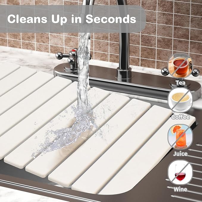 Large Stone Dish Drying Mats for Kitchen Counter, Quick Drying Collapsible Dish Drying Mat, Eco-Friendly Absorbent Diatomaceous Earth Mats for Dishes Cups, Match Any Countertop (White 24"×16" & 8"x4")