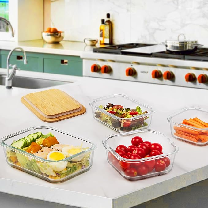 Vtopmart Glass Food Storage Containers with Bamboo Lids, 4 Pack Meal Prep Glass Containers Safe for Microwave, Oven, Freezer and Dishwasher, BPA Free