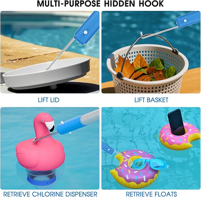 2 in 1 Pool Brush with Pole - 17.5'' Heavy Duty Swimming Pool Brush & Small Round Brush Head, 9 FT Aluminum Poles, Cleaning Inground & Above Ground Pools