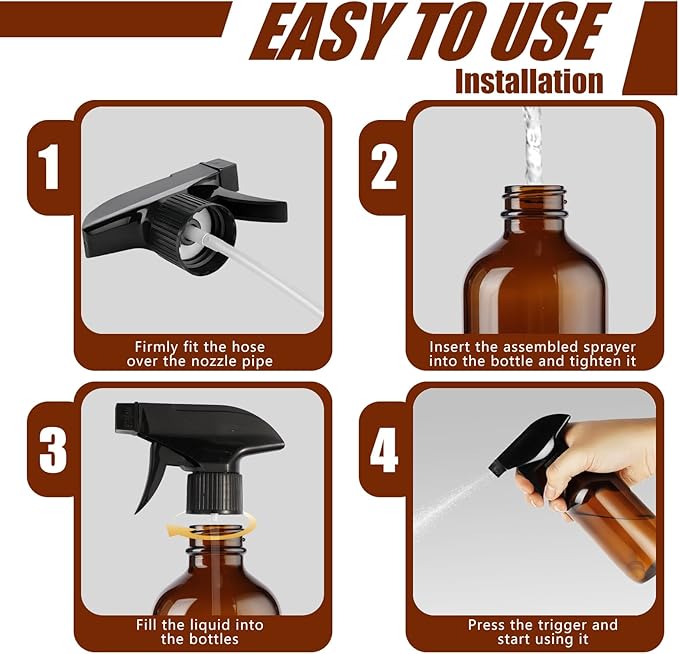 Caija-H 2 Pack Glass Spray Bottles for Cleaning,8oz 240ml Spray Bottle with Weighted Ball Straws 360° Any Angle Mist Sprayer for Kitchen Plants Pets Hair Water Mister (Amber)