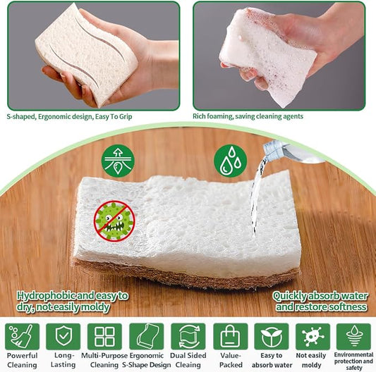 Sponges Kitchen Natural Dish Sponge Plant-Based Biodegradable Compostable Cellulose with Coconut Scrubber Sponge Non Scratch Eco Friendly Kitchen sponges for Kitchen Dishes(Pack of 6)