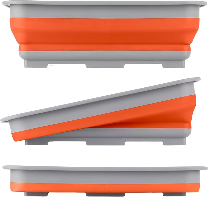 Set of 2 Multipurpose Wash Bins – 7.27-Liter Basins for Travel or Cleaning – Collapsible Bucket Camping Accessories by Wakeman (Orange)