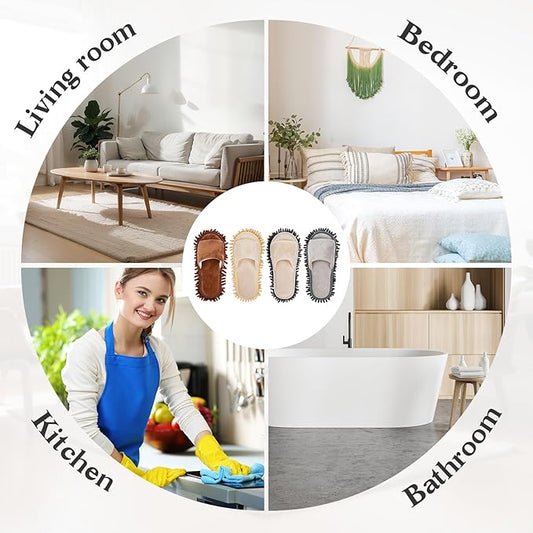 Jecery 4 Pair Washable Microfiber Mop Slippers Detachable Dusting Shoes for Floor Cleaning, Office & Home Use Suitable for Women & Men(Blue, Brown, Beige, White,L Size)