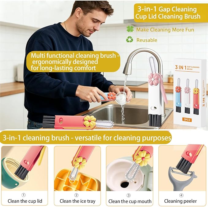 3 in 1 Cup Lid Cleaning Brush, Cup Lid Brush, Upgraded 3PCS Multifunctional Water Bottle Cleaning Brush, Home Kitchen Crevice Brush Tools for Tiny Cup Lid Detail, Bottle Tight Spaces Cup