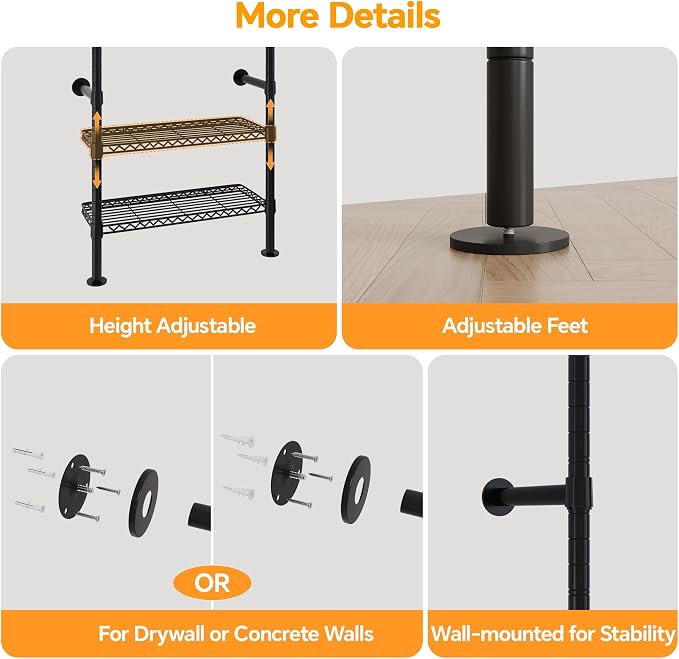 Higeego W3 Industrial Pipe Clothing Rack, Wall Mounted Clothes Rack Closet Wardrobe System with Expandable Hanger Rods Adjustable Storage Shelves, Heavy Duty Corner Walk-in Closet System, Black