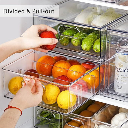Mano Fridge Drawer Pull Out Stackable Bins with Handle Clear Refrigerator Drawers Organizer Food Storage Container Box with Dividers Plastic Produce Saver for Pantry, Cabinet, Kitchen, Clothes(4Pack)