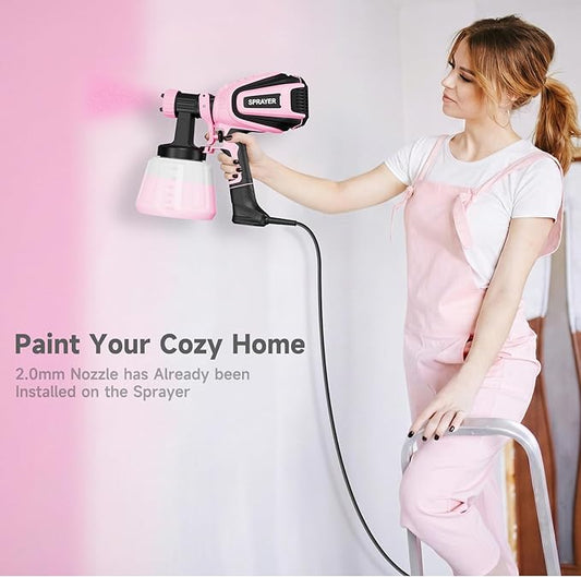 Paint Sprayer, 700W HVLP Paint Spray Gun with Cleaning & Blowing Joints, 4 Nozzles and 3 Patterns, Easy to Clean, for Furniture, Cabinets, Fence, Walls, Door, Garden Chairs etc. VF803 Pink