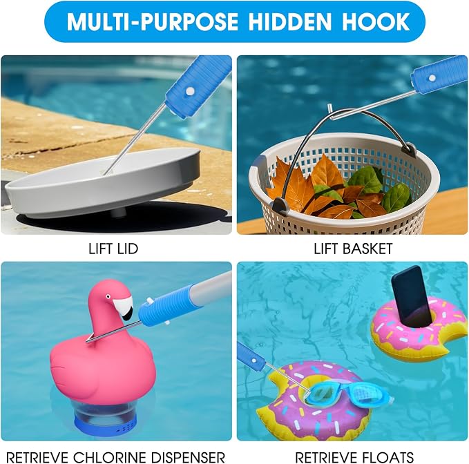 TidyMister Pool Brush with Pole - 20’’ 2-in-1 Detachable Round Brush with Extra Side Brush for Cleaning Hard-to-Reach Corners, 9 FT Aluminum Extended Pool Pole with Hidden Hook Retriever