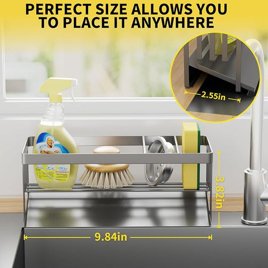Kitchen Sink Caddy Organzier with Sponge Holder and Removable Drip Tray for Kitchen Sink, 304 Stainless Steel Organize for Sponge Soap Dish Brush Storage Accessories(Grey)
