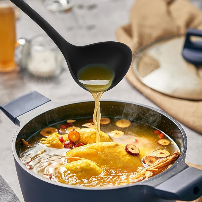 Jiozermi 2 Pcs Silicone Soup Ladle, 12-Inch Long Handle Ladle Spoon, Heat Resistant up to 600°F, Nonstick & Seamless Design for Easy Cooking and Serving, Durable and Easy to Clean