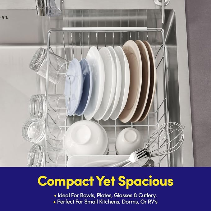 Dish Drying Rack Over The Sink Expandable to 24.5" Dish Drainer β Space-Saving Rectangular Kitchen Extending Drying Station with Utensil Holder, Fits Most Sinks for Easy Dish Organization, White