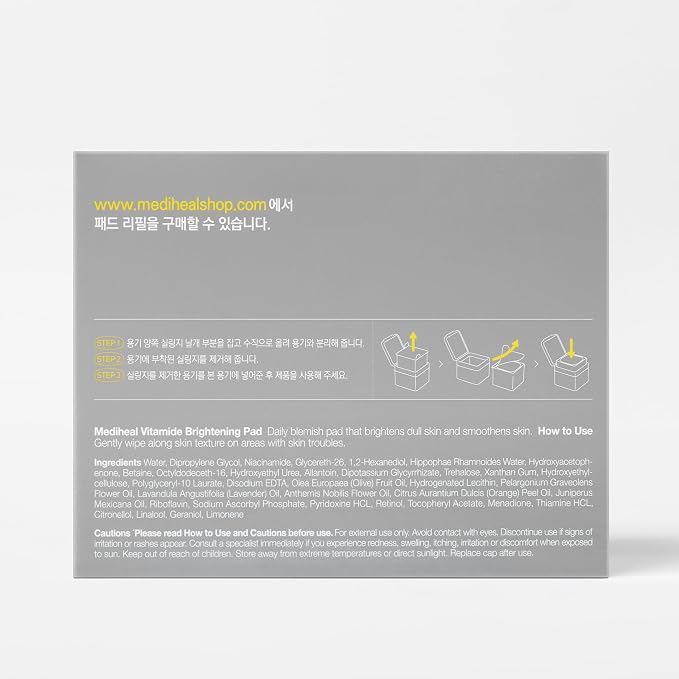 MEDIHEAL Vitamide Brightening Toner Pads for Skin Toning (100 Count) | with Vitamin C & Niacinamide for Brightening | Tone Evening & Blemish Care | Non-Comedogenic, Vegan Pads, Korean Skincare