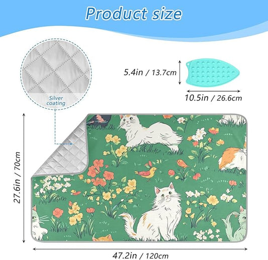 Green Spring Persian Cat and Hummingbird Ironing Mat Portable Ironing Pad Blanket with Silicone Iron Rest for Table Top Travel Heat Resistant Double-Side Using Large 47x28 Inch Foldable