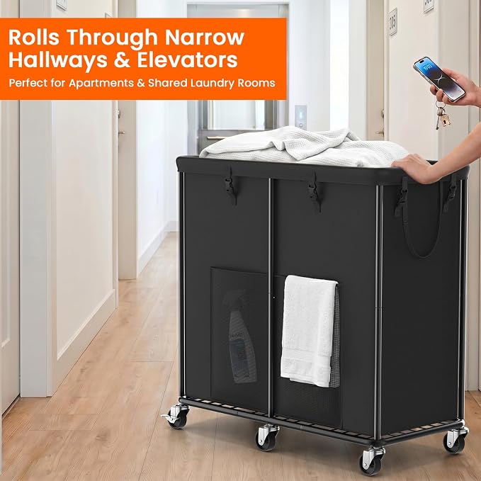 80 GAL Laundry Hamper with Lid & Wheels, Rolling Laundry Basket with Bag | Sturdy Metal Frame | Laundry Bag with Handles| Large & Tall Clothes Hampers for Laundry Room, Bedroom, Dorm, Bathroom-Black
