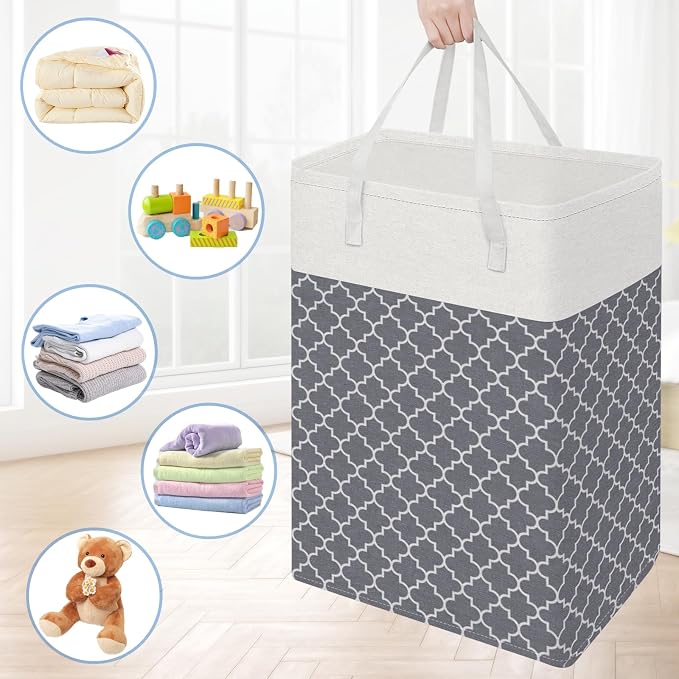 BlissTotes 3-Pack Laundry Basket, Laundry Hamper, Light Grey, 88L | Laundry Clothes Hamper, Hampers for Bedroom, Freestanding Hamper with Handles, Clothes Laundry Basket