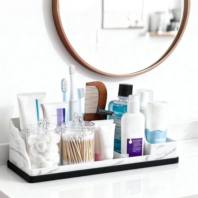Bathroom Counter Organizer,Toothbrush Holder with 2PCS Qtip Holder Dispenser,Stylish Countertop Bathroom Sink Caddy and Toothpaste Holde,Counter Vanity Organizer for Toiletries and Accessories