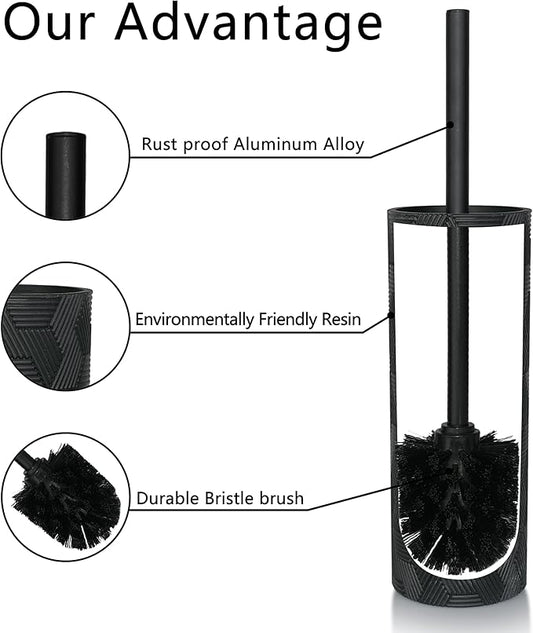 Matte Black Geo Design Resin Toilet Bowl Holder and Brush Set, Stylish Geometric Design with Durable Bristles, Compact and Modern