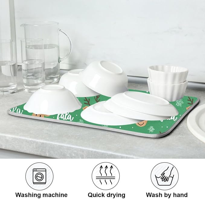 Christmas Reindeer Green Dish Drying Mat for Kitchen Countertop 18x24 Winter Snowflake Xmas Large Drying Mat Reusable Quick Dry Dish Sink Mats Easy Clean Decorative Essentials