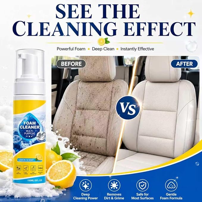 4-in-1 Multi-Enzyme Foam Cleaner, Multi Purpose Foam Cleaner, No Rinse Foam Cleaner for Car Interior, Kitchen Grease, Bathroom Tiles, Fabric Care and Multi Surfaces(2pcs)