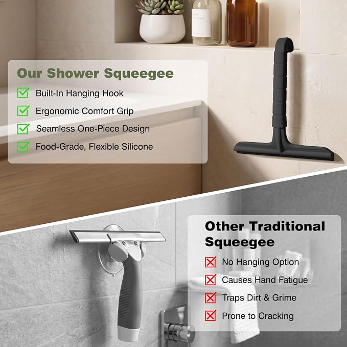 Roylvan Silicone Shower Squeegee, All-in-One Shower Squeegee for Glass Doors with Built-in Hook, Household Window Mirror Cleaner for Bathroom Glass Kitchen Tile Wall Car, Black