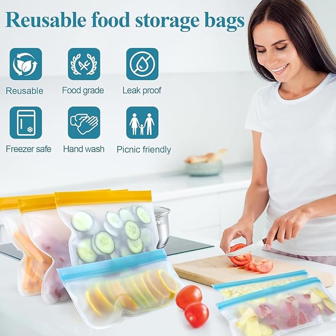 10 Pack Reusable Freezer Bags, Leakproof Silicone Food Storage Bags, Dishwasher Safe Bpa Free Reusable Bags For Lunch Marinate & Travel - 3 Gallon, 4 Sandwich, 3 Snack Sizes(Gray)