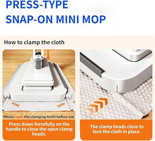 Snap Grip Mini Mop for Tight Spaces – 39in Compact Handle, One-Click Zero-Touch Cloth Change Flat Map, Compatible with Tissues/Wipes/Old Cloths/Disposable Pads, Wet/Dry Cleaning (10 Reusable Cloths)