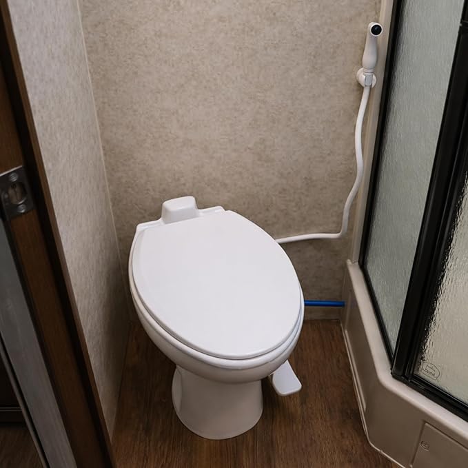 SEAFLO Porcelain RV Toilet with Sprayer Attachment - Elongated Bowl 19” Inch Residential Height, Gravity Flush, Foot Pedal Soft Close Seat Camper Motorhome Easy Install 4 -year Warranty SFRTCH-02-02