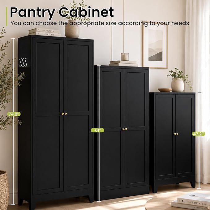 AQY 75" Pantry Cabinet, Black Freestanding Storage Cabinet with 5 Adjustable Shelves, Metal Pantry Cupboard with Ventilation Design & Hanging Hooks, 2-Door Kitchen Organizer for Living Room Kitchen