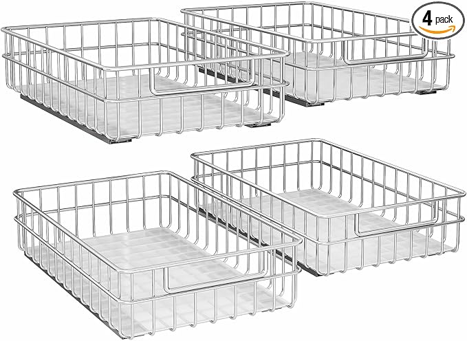 Pull out Cabinet Organizer, Stainless Steel 4-Pack (11.8"W x 21"D) Full-Extension Slide out Drawer, Adhesive Roll out Can Spice Storage Basket Shelf Rack for Pantry, Kitchen, Bathroom, Home Closet