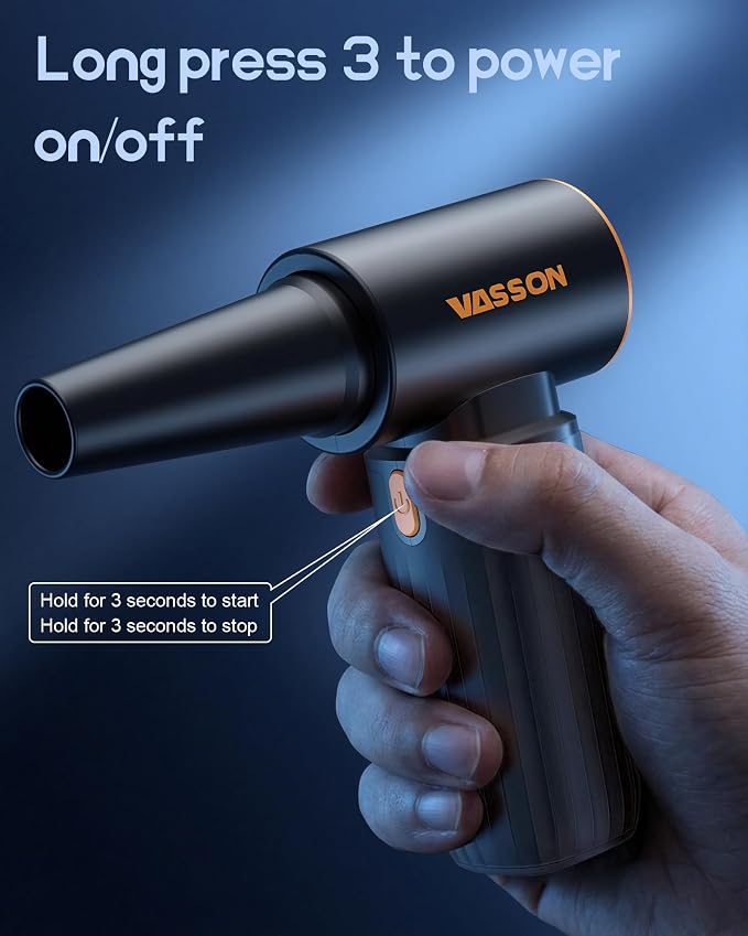 VASSON Compressed air Duster High-Speed Brushless Motor, 3-Speed Adjustable | 5 different nozzles Type-C fast charging Powerful Dust Cleaner for Keyboard, Computer, Car, Outdoor, Air Bed