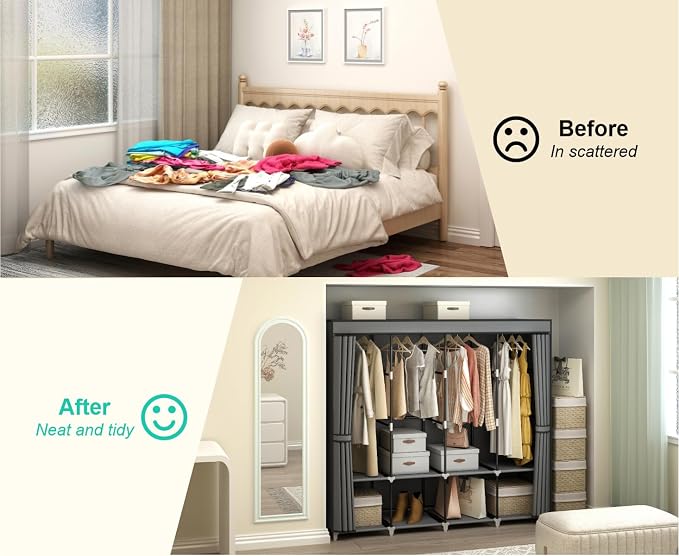 67" Portable Wardrobe Closet for Hanging Clothes, 8 Shelves 4 Rods & Cover