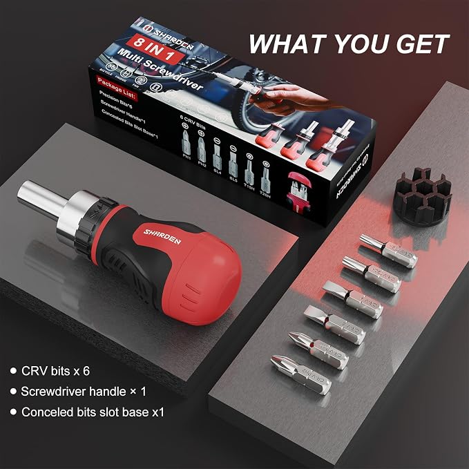 8 in 1 Stubby Ratcheting Screwdriver Multi Short Screw Driver Set | 6 CRV Bits Phillips, Slotted, Torx, Portable All-in-One Repair Tool Kit for Home DIY Tables, Doors, Chairs, Portable Tools