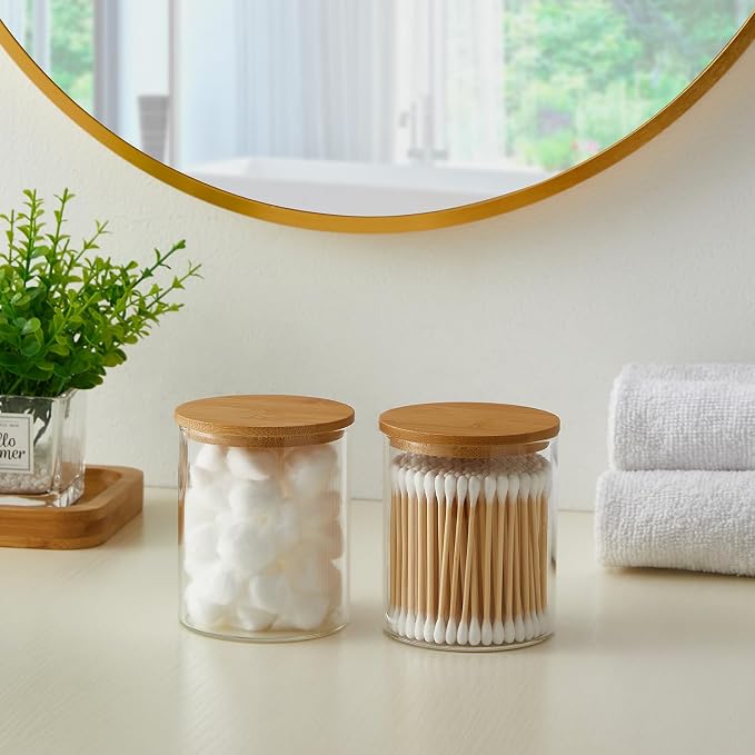 INIUNIK 6 Pack Glass Qtip Holder Dispenser with Bamboo Lid Apothecary Jars Cotton Ball Swab Holder Dispenser Bathroom Vanity Canisters Jars for Countertop Storage and Organization