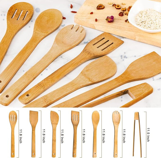 Eisinly Wooden Spoons for Cooking 7-Piece, Kitchen Nonstick Bamboo Cooking Utensils Set, Carbonized Bamboo Durability Spatula Spoon for Everyday Use
