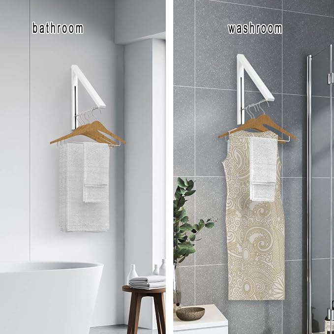 Folding Clothes Hanger Wall Mounted Retractable Clothes Rack, Aluminum, Easy Installation, White