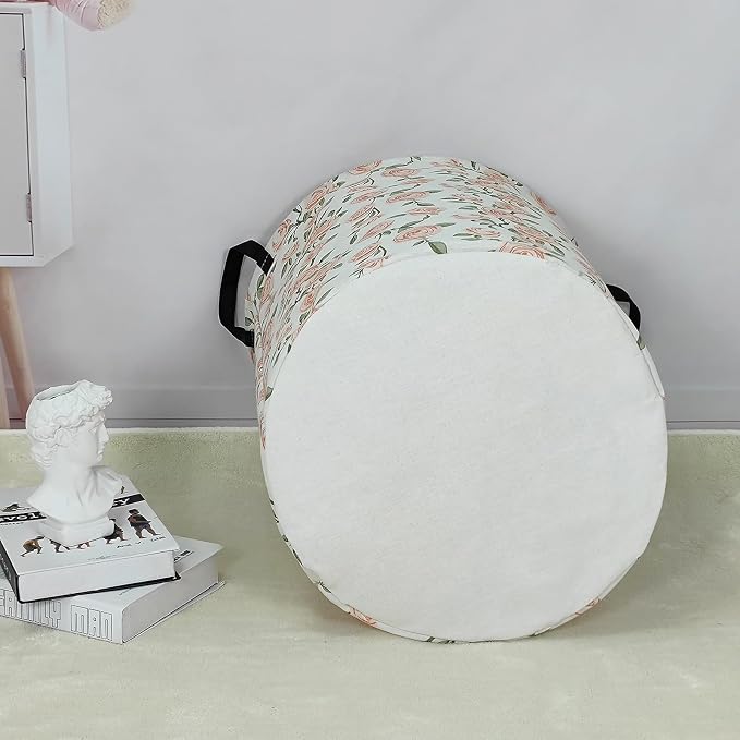 Round Laundry Basket Collapsible Storage Hamper Organizer Champagne Rose | Waterproof Canvas Foldable Baskets with sturdy Handles Multi-scene Organizer for Home Play Bedroom Gift Bin