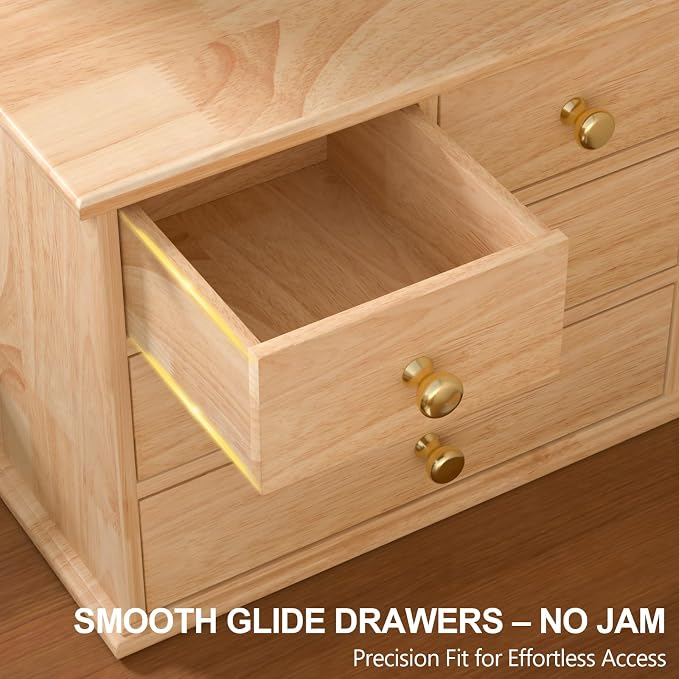 Oak Desk Organizer with Drawers, Durable Wooden Desktop Storage Box | 5 Drawer Tabletop Organizer with Metal Handles & Non-Slip Pads for Office, Bedroom, Bathroom, Vanity, Makeup Storage, Natural