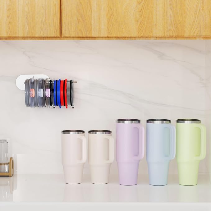 4 Pack Tumbler Lid Organizer, Space Saving Cup Lid Organizer | Yeti/Stanley/Simple Modern Lids Organizer, Self-Adhesive or Drilling Tumbler Lid Hook for Kitchen Organizers and Storage