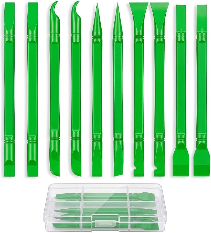 10Pcs Plastic Scraper Tools with Storage Case, Car Detailing Tools Kit, Multi-Purpose Cleaning Sticks for Tight Gaps, Removing Stickers, Labels, Grease & Dirt, Green