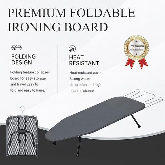ZOES HOMEWARE Metal Mesh Panel Tabletop Ironing Board | Foldable Iron Board | Heavy Duty Small Iron Board with Heat Resistant Cover and 100% Cotton 8mm Thicken Pad | 31.5"x11.8"x6.2"