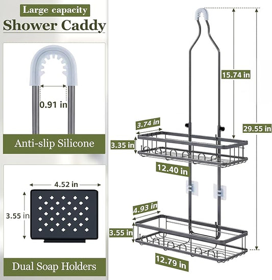 Skyapex Shower Caddy Hanging: Adjustable Height Organizer for Over Showerhead - Rustproof Shower Shelves with Hooks & 2 Soap Holders