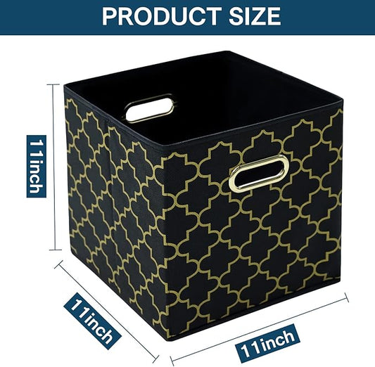Fabric storage bins Cubes, Fabric Cube Organizer with Handle, Foldable Cube Bins for Cloth or Accessary Storage, 11x11x11, Set of 3, (Black Gold)
