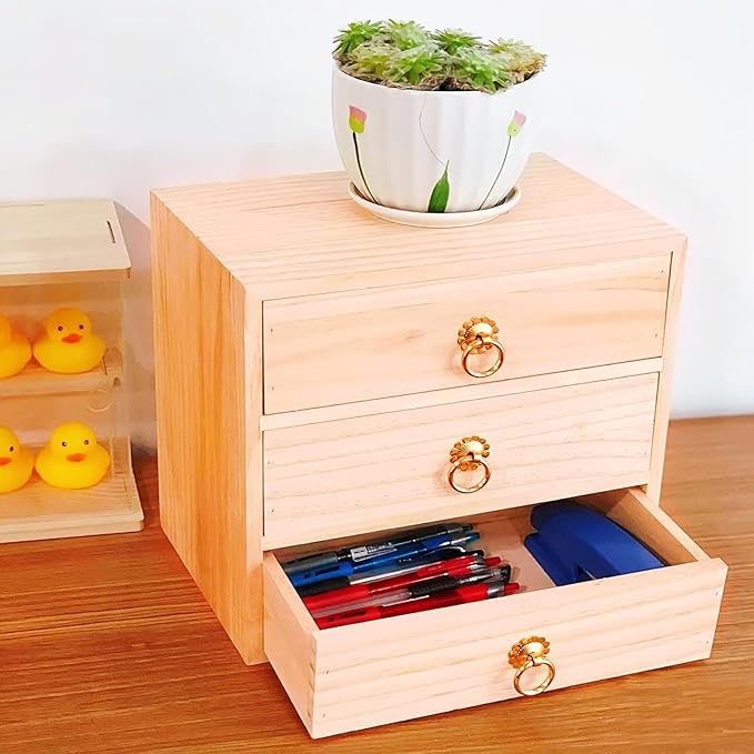 3 Layer Natural Wooden Storage Box Organizer Desk Accessories | Efficient Office Storage Drawers Cabinet Organizer Box Tabletop Organizer with Metal Handle for Home Office Counter Kitchen