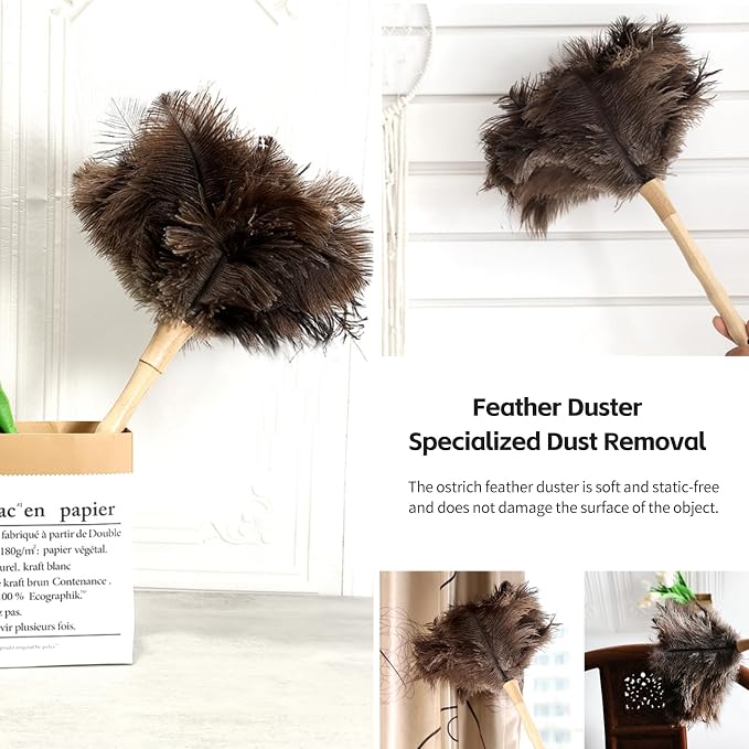 Ostrich Feather Duster 16 inch Fluffy Natural Genuine Ostrich Feathers with Wooden Handle and Eco-Friendly Reusable Handheld Ostrich Feather Duster for Cleaning Supplies(5PCS)